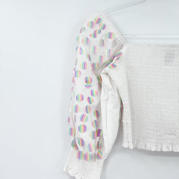 Queen of Sparkles White Smocked Top Iridescent Sequin Polka Dot Womens Size XS - Picture 6 of 14